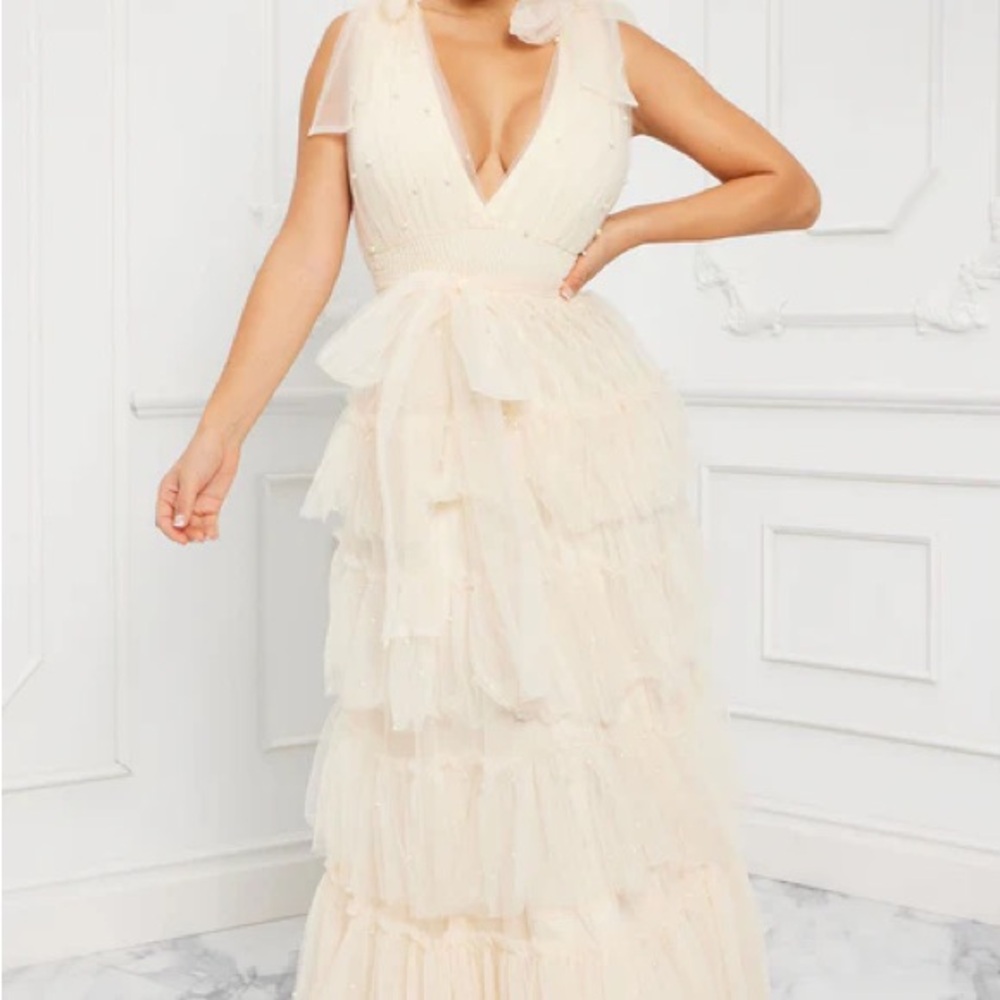 Cream and Gold Tiered Ruffled Gown with V-Neck